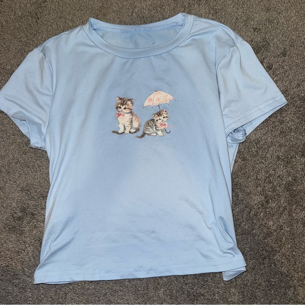 Cute Blue T-Shirt with Cat Print